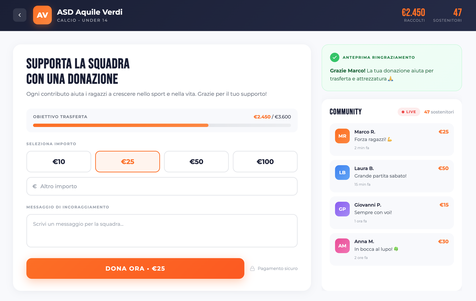 Screenshot donazioni