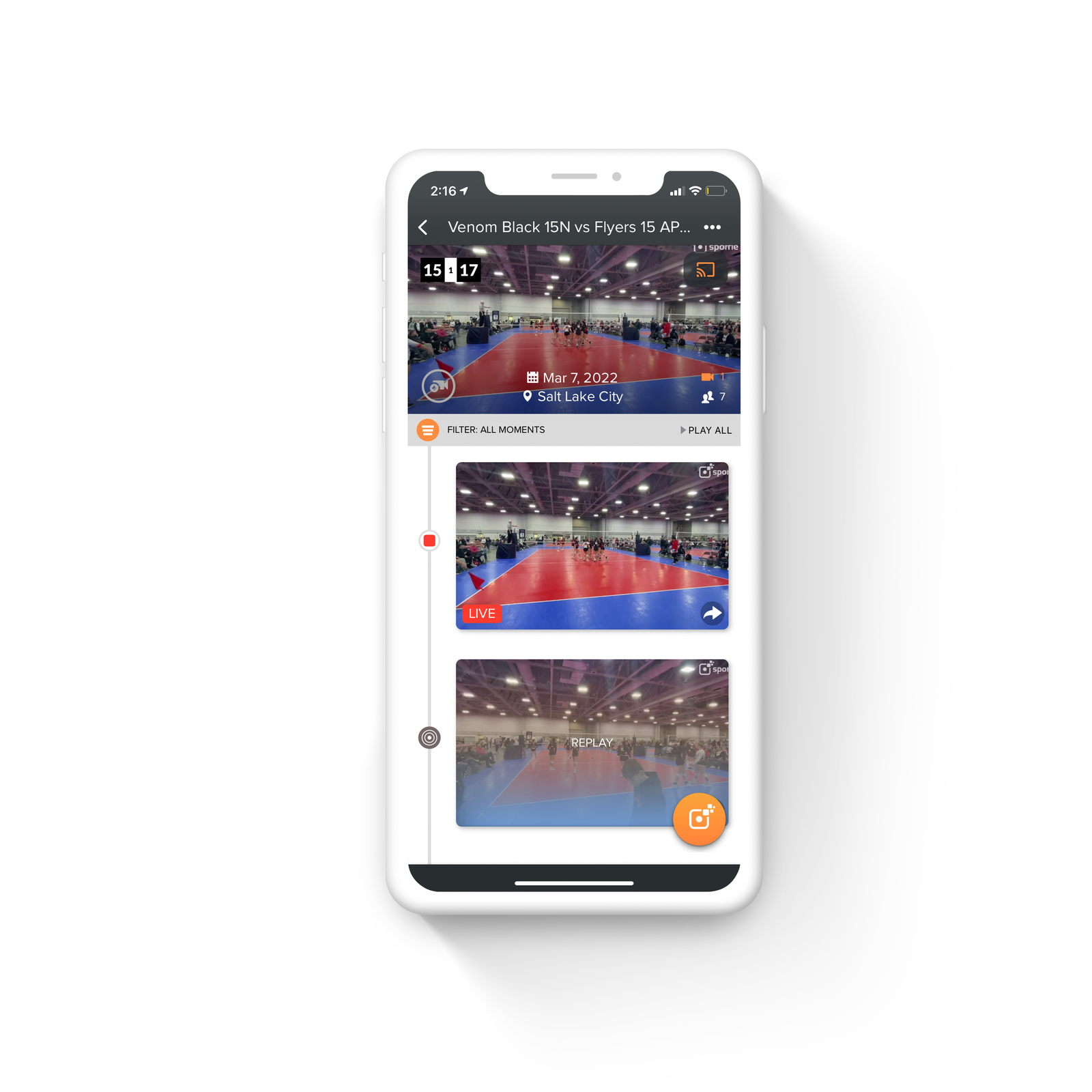 Clipr abbinato con l'app Sporfie su iPhone
